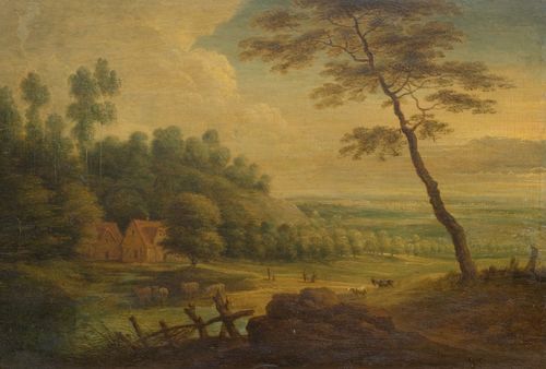 HOLLAND, 18TH CENTURY Broad landscape with a herd in the background. Oil on panel. 16.7 x 24.5 cm. Provenance: Swiss private collection.