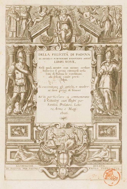 Padua - Portenari, Angelo. Della felicità di Padova. Libri nove. ... Si raccontano gli antichi, e moderni suoi pregi & honori. Et in particolare si commemorano le Cittadinj suoi Illustri per Santità, Prelature, Lettere, Arme, e Magistrati. Padua, Paolo Tozzi, 1623. W. engr. title, 2 folded engr. maps, 1 folded plate and wood-cuts throughout. 7 pp., [6] ll. 521, [19] ll. Cont. pigskin, edges stained green., fol.