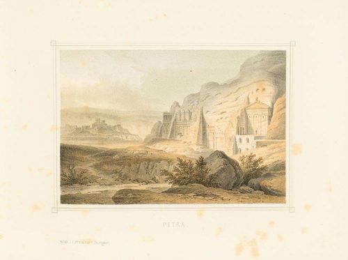 Palestine - Schubert, G.H.v. / Roth, J. Album des heiligen Landes. 50 ausgewählte Original-Ansichten biblisch wichtiger Orte, treu nach der Natur gezeichnet von J. M. Bernatz. Stuttgart, Steinkopf, 1858. 2nd. impression. 50 col. lith. plates and 1 folded map. Ca. [55] ll. Original cloth w. gold tooled cover illustr., a. e. g., oct.