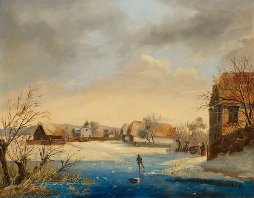 Attributed to HÖRMANN, THEODOR VON (Imst 1840–1895 Graz) Winter landscape with skaters. Oil on canvas. Monogrammed lower right: T. v. H. 31.6 x 39.7 cm.