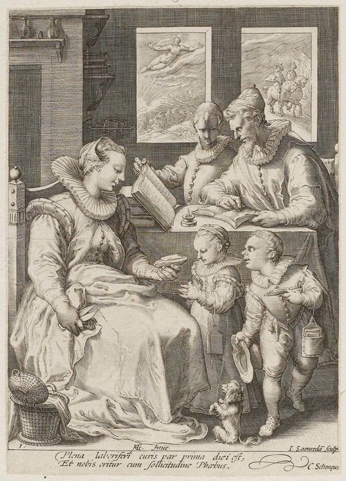 SAENREDAM, JAN (Zaandam, circa 1565 - 2707 Aussendelft).After  Hendrik Goltzius. Der Morgen. Sheet 1 of the suite: The four times of day. Engraving , 21 x 14.8 cm. Bartsch 91 I (of II); Le Blanc 80; Hollstein 97 I (of IV). - Very fine impression with fine margin around the outer line. Old mount. Overall good condition. - Provenance: Collection of  Conrad Baumann v. Tischendorf ; Private collection  Switzerland .