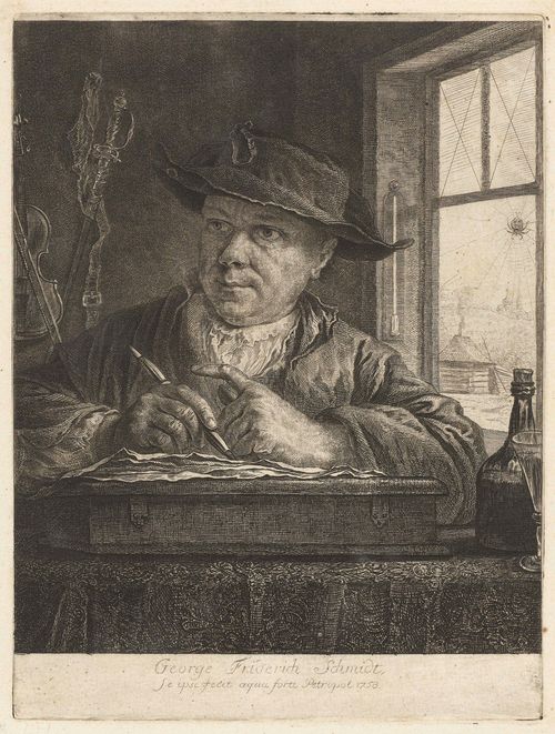 SCHMIDT, GEORG FRIEDRICH (Schönerlinde b.Berlin 1712 - 1775 Berlin).Self-portrait: Georg Friedrich Schmidt (with the spider), 1758. Etching, 23,3 x 17,7 cm. Wessely 103 III (of III). - Excellent, strong impression, with text band and margin (ca.0.5 cm) around the plate edge. Verso remains of old mount. - Very good condition. - Provenance: Collection of  Conrad Baumann v. Tischendorf ; Private collection  Switzerland .