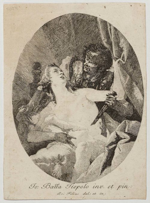 TIEPOLO, GIOVANNI DOMENICO (1727 Venice  1804).After  Giovanni Batista Tiepolo. Tarquinius and Lucretia. Etching in oval on old wove paper without watermark. 23.3 x 18.2 cm. De Vesme 88; Rizzi (1970) 100, Rizzi (1971) 68, Succi 29. - Fine, even impression, cut to the plate edge, this not visible in parts. Verso remains of old mount. Overall very fine condition. - Rare.