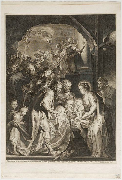 VOSTERMANS, LUCAS (Bommel 1595 - 1675 Antwerp).After  Peter Paul Rubens. The adoration of the three kings, 1621. Engraving , 58.2 x 44 cm. Hollstein 8. - Very fine, deep black and even impression with small margin around the clearly visible plate edge. Old mount on wove paper. Very fine condition. - Provenance: H.Füssli & Cie, Zürich, Lugt 1008; Collectio Augustinus Arnold, not in Lugt; Collection of  Conrad Baumann v. Tischendorf; Private collection  Switzerland .