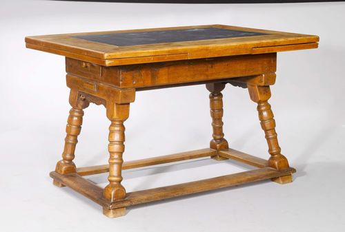 SLATE TABLE,Baroque style, Switzerland. Cherry and walnut. Rectangular pull-out leaf inlaid with slate. Turned legs. 113(191)x82x72 cm.