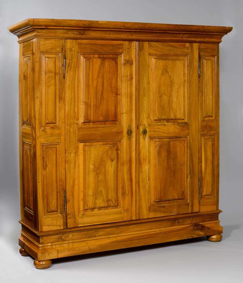 ARMOIRE,Baroque, Switzerland, 18th century. Walnut. Rectangular body. Front with recessed double-doors. Metal mounts. 193x61x200 cm. 1 key. In good condition. Alterations to the crown and back, minor repairs.