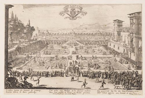 CALLOT, JACQUES (1592 Nancy 1635).Le Parterre de Nancy ou Jardin du Nancy. Etching, 25.5 x 38.8 cm. Meaume 622, Lieure 566 II (of II, with address of Israel Silvestre). – With the plate edge mostly visible, trimmed in parts as far as the plate edge. Glued onto backing board. Overall good condition.