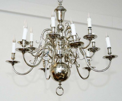 PAIR OF CHANDELIERS,Baroque style, German. Silver-plated bronze. Fitted for electricity. D 80 cm, H 85 cm.