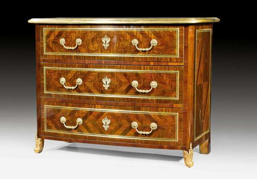 COMMODE,Regence, attributed to M. SCHUHMACHER (Martin Schuhmacher, died 1781 in Ansbach), Ansbach circa 1730/40. Rosewood and purpleheart in veneer with inlays. Gilt bronze mounts and drop handles. 107x51x82 cm.