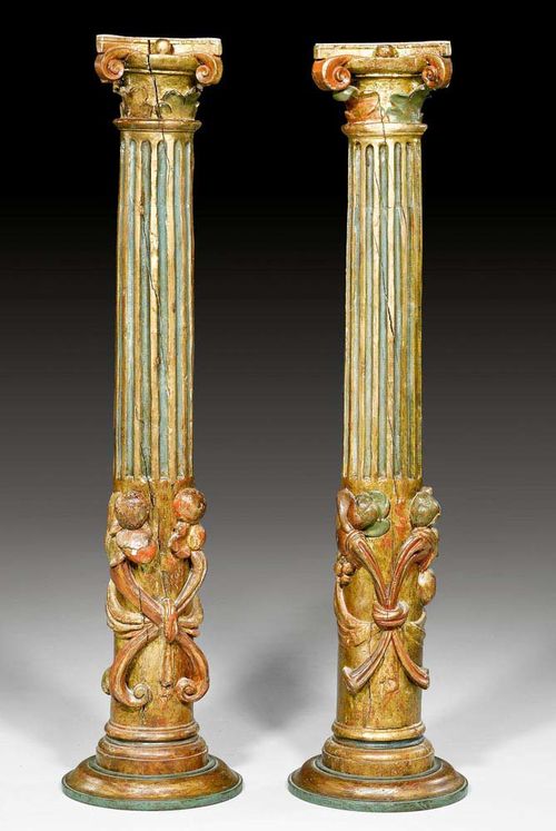PAIR OF PAINTED COLUMNS,Baroque, Italy, 18th century. Fluted and carved wood painted green and parcel gilt. Some restoration required. H 122 cm.