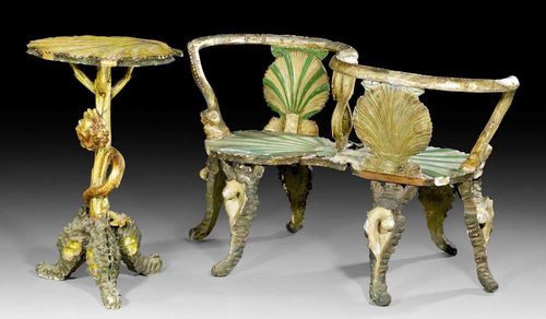 SMALL "GROTTO" FURNITURE ENSEMBLE, Italy, late 19th century. Richly carved, polychrome painted, and parcel gilt and silver-plated wood. "Causeuse" 125x50x44x70 cm. Gueridon 48x48x83 cm. Hanging console 43x27x80 cm. Requires some restoration. Provenance: - Palazzo Serristori, Florence. -West Swiss castle collection.