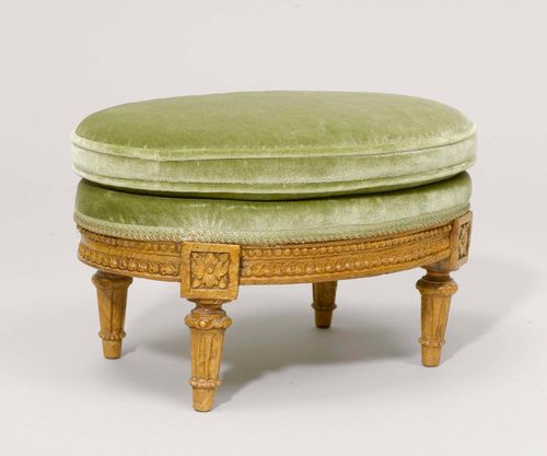 FOOT STOOL,Louis XVI, Paris ca. 1780. Oak, carved with rosettes, leaves and beading. Green velvet cover.