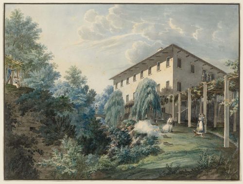 GERMAN , CIRCA 1820.Gun salute in the garden of a villa. Watercolour. 27.3 x 36.5 cm. With black pen outer line.