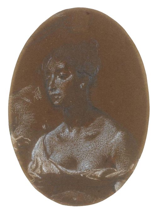 TÖPFFER, ADAM - WOLFGANG (1766 Geneva 1847).Portrait of a young woman. Silver crayon, coloured crayon, on brown paper. 13.8 x 9.8 cm (oval). Provenance: - Collection of Carmen Fontanet, Geneva, Lugt 3225