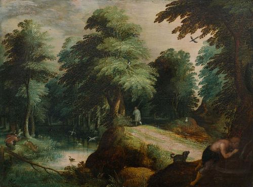 FLEMISH, CIRCA 1600 Landscape with hunter. Oil on panel. 25 x 32.5 cm.