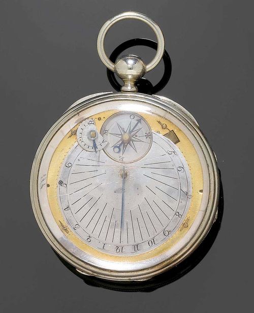 POCKET WATCH WITH COMPASS AND SUN DIAL ca. 1790. Metal. Enamelled