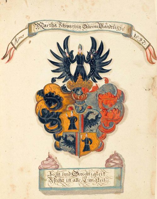 Album w. num. pasted coats of arms from the 16th and 17th cent. Watercolours, partly heightened in gold, w. some old and some new attributions on backing. In modern brown leather album with clasp. (some browning and defects). Exlibris: Elise Baroness König, 1873.