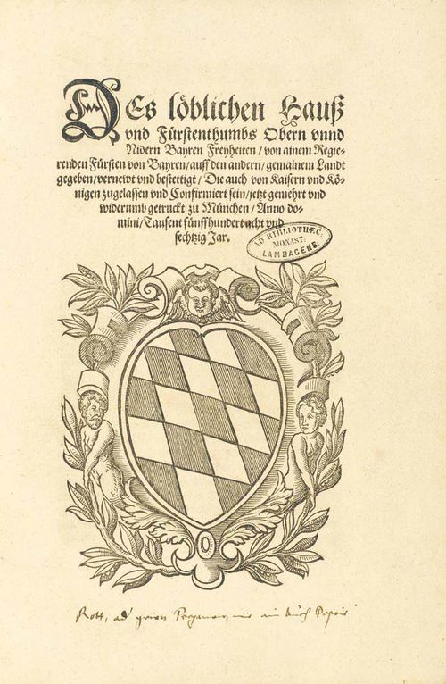 BAVARIA -  Des löblichen Hauss und Fürstenthumbs Obern unnd Nidern Bayren Freyheiten, von ainem Regierenden Fürsten von Bayren, auff den andern, gemainen Landt gegeben, vernewt und bestettigt.., jetzt gemehrt und widerumb getruckt... München, A. Berg, 1568. Title with large Bavarian coat of arms. [1]. 237, [7] ll. register and errata. Also bound with: Bayrische Vorstordnung (forestry regulations). N. publ. [Munich], 1568. Title with armorial wood-cut. [4], 48 ll. Cont. vellum with gold tooled (oxydized) supralibros of the Lambach monastery, qto. (covers rippled and discoloured, lower hinge loose, 2 clasps missing).