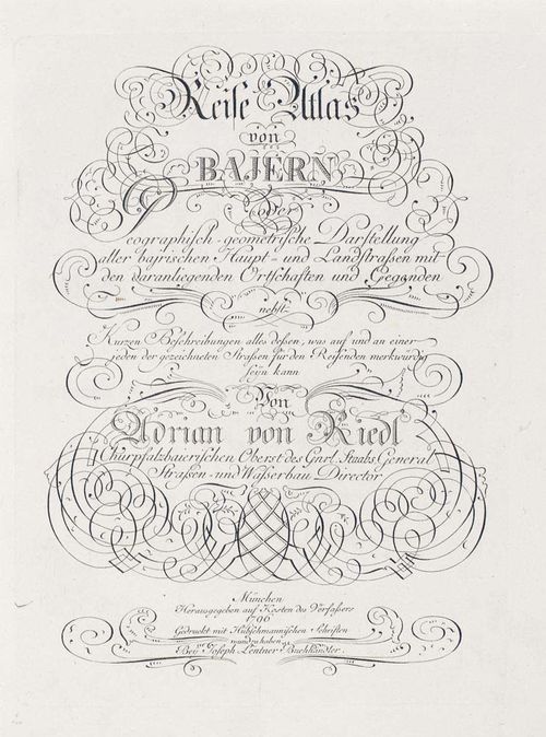 Bavaria -  Riedl, Adrian von. Reise Atlas von Bajern oder geographisch-geometrische Darstellung aller bajrischen Haupt- und Landstrassen mit den daranliegenden Ortschaften und Gegenden. Lfgn. I-III. München, beim Autor u. J. Lentner, 1796. Engr. title and 37 miniature-like engr. maps, some folded. Cont. leather with gt. spine., qto. Old owner's monogram on endpaper.