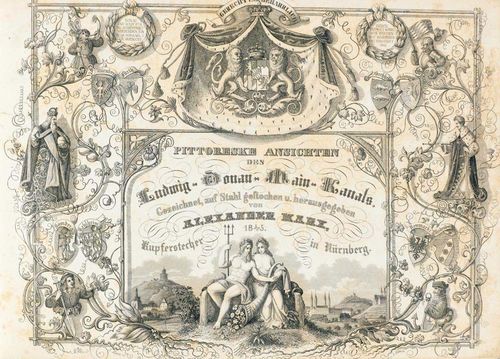 Bavaria -  Schultheis, Friedrich. Der Ludwig-Kanal. Seine Entstehung und Bedeutung als Handels-Strasse. Pittoreske Ansichten des Ludwig-Donau-Main-Kanals. Gezeichnet, auf stahl gestochen und herausgegeben von Alexander Marx., Kupferstecher in Nürnberg. Nürnberg, 1847. Engr. title, 158 pp., 2[22] ll. W. 26 engr. views w. engr. ornamental border and one general chart. New hf.cloth, lrg. qto. (some foxing). Incl.: Kleinschrod, C. Th. Die Kanal-Verbindung des Rheins mit der Donau. München, Franz'sche Bhdlg., 1834. 82 pp. W. 1 lith. and folded plan (min. foxed). In red boards with gold stamping. 2 addtl. vols.