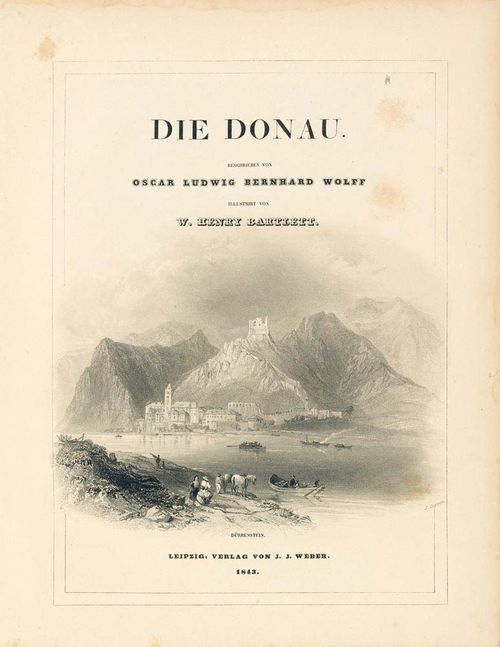 Danube -  Wolff, Oscar Ludwig Bernhard. Die Donau. Ihre Anwohner, Ufer, Städte, Burgen und Schlösser von ihrer Quelle bis zu ihrer Mündung. Illustriert v. W. Henry Bartlett. Leipzig, Weber, 1843. VIII, 244 pp. With num. steel engr. title vign., 80 steel engr. and 100 wood-cut illustr. Gold and blind tooling. Cont. hf.cloth, qto. (corners pumped, spine repaired, some foxing).