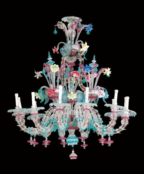 IMPORTANT CHANDELIER,Rococo style, Murano, 20th century. Colored and colorless, partly cut glass. Fitted for electricity. One loss. D 115 cm, H 140 cm.