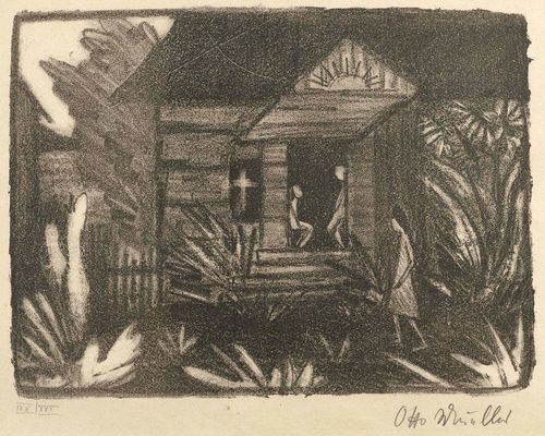 MUELLER, OTTO (Liebau 1874–1930 Breslau) Russian house with sunflowers. 1921/22. Lithograph  XX/XXX. Signed lower right: Otto Mueller. Numbered lower left. Plate 29.8 x 39.8 cm on yellowish wove paper 38 x 48 cm. Slightly browned overall. Framed. Catalogue raisonné: Karsch No.144 b.