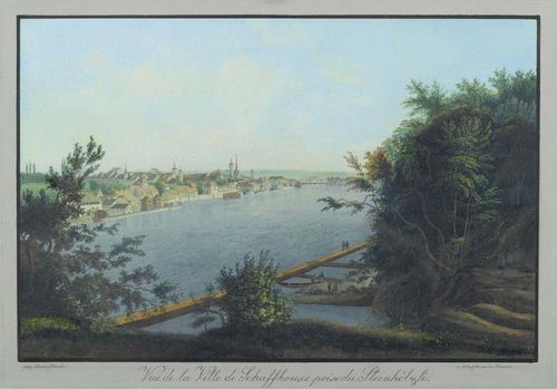 SCHAFFHAUSEN.- Bleuler, Johann Ludwig (Feuerthalen 1792 - 1850 Schloss Laufen). View of the city of Schaffhausen, Switzerland seen from Steinhölzli. By Louis Bleuler, Schaffhausen, Switzerland. Watercolour and gouache. Grey gouache margin. 32 x 50 cm. Gilded frame. - Very nice view in perfect condition.