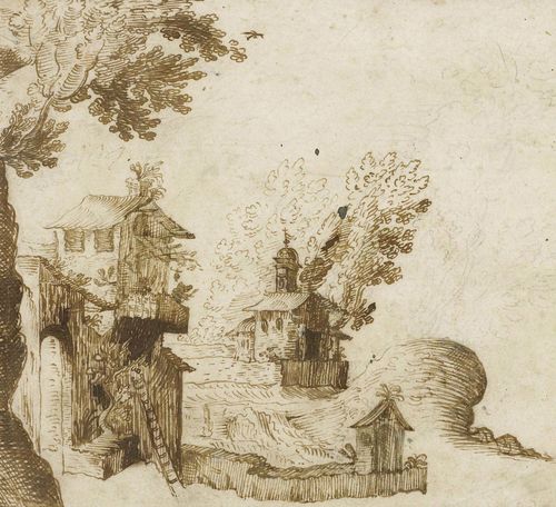 ITALIAN SCHOOL, 17TH CENTURY Mountainous landscape with chapel. Brown pen, black pencil. 17 x 17.8 cm. framed.