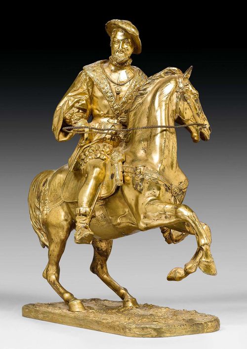 BRONZE FIGURE OF A NOBLEMAN,probably France, circa 1900. Gold patinated bronze. L 43 cm, H 42 cm.