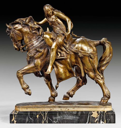 BRONZE FIGURE OF LADY GODIVA,France circa 1900/20. Patinated bronze and "Portor" marble. Signed L. MAGNON. L 38 cm, H 40 cm.