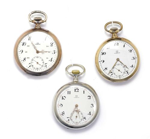 THREE POCKET WATCHES OMEGA ca. 1900 1920. Gold 585 and silver