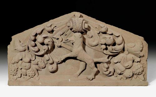 SANDSTONE RELIEF/OVERDOOR,early Baroque, Switzerland, 17th century. Red sandstone carved with the figure of a wolf with sickle. With remains of paint. H 57 cm. W 108 cm.