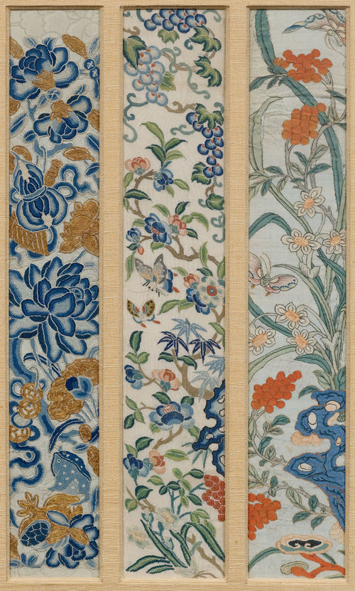 A GROUP OF TEN SILK EMBROIDERY SLEEVE BANDS WITH FIGURES, BLOSSOMS AND BUTTERFLIES.