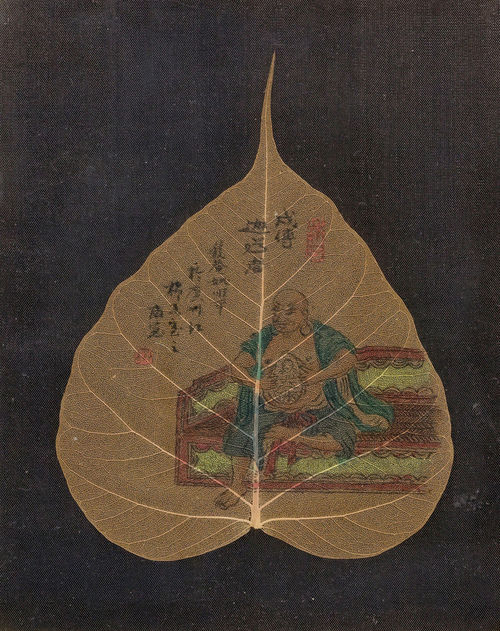 A GROUP OF FIVE MINIATURES ON BODHI TREE LEAVES DEPICTING A MONK, LUOHAN AND OTHER BUDDHIST FIGURES.