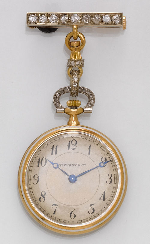 Enamel and diamond pendant watch, Tiffany, ca. 1910.
