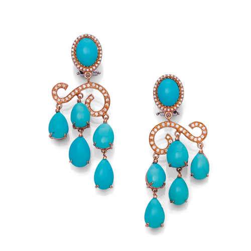 TURQUOISE AND DIAMOND EAR PENDANTS.