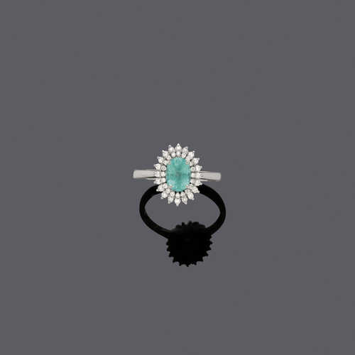 PARAIBA TOURMALINE AND DIAMOND RING.