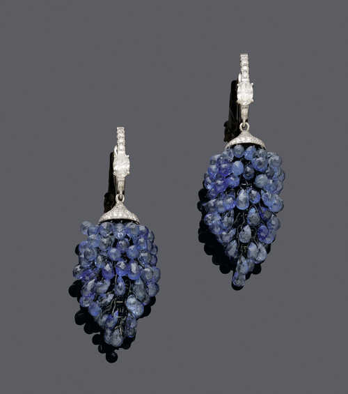 SAPPHIRE AND DIAMOND EAR PENDANTS.