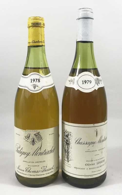 LOT OF 2 BTS : 1 bt Puligny-Montrachet Thomas-Bassot 0.75 L 1978 ; 1 bt Chassagne-Montrachet Olivier Léglise 0.75 L 1979
