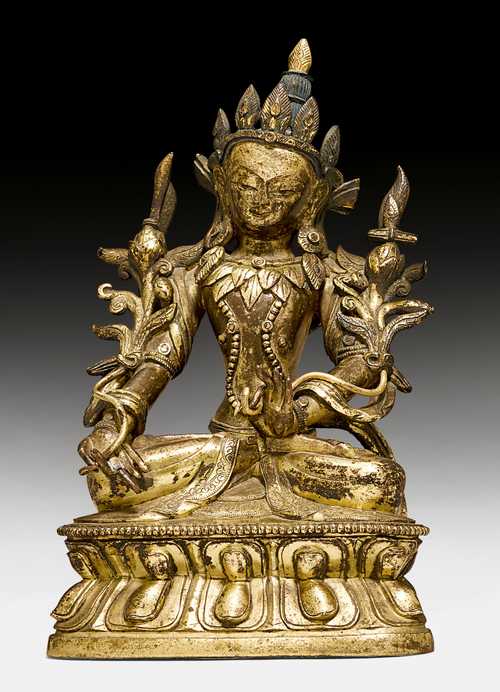 A GILT BRONZE FIGURE OF MANJUSHRI.