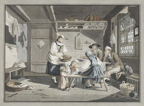 FREUDENBERGER, SIGMUND (1745 Bern 1801).Le repas rustique, 1796. Old hand-coloured engraving, 20.4 x 27.5 cm. Black pen bordering. Gilt frame.