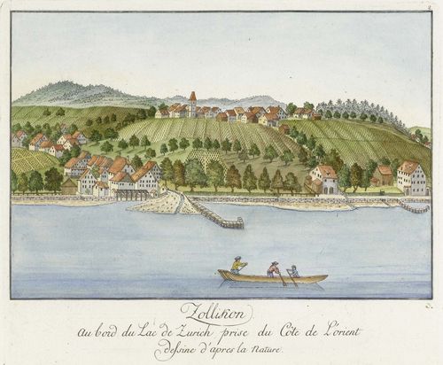 ZOLLIKON.-Johannes Hofmeister (1721 Zurich 1800) and Heinrich Brubacher (1758 Wädenswil 1835). Zollikon au Bord du Lac de Zurich prise du Cote de L'orient dessine d'apres la nature. Old hand-coloured engraving, 16.2 x 25.5 cm. Gilt frame. - From the second edition of the Album: "Der Zürich-See mit allen seinen Angrenzungen in seiner Lage..." Circa 1796.