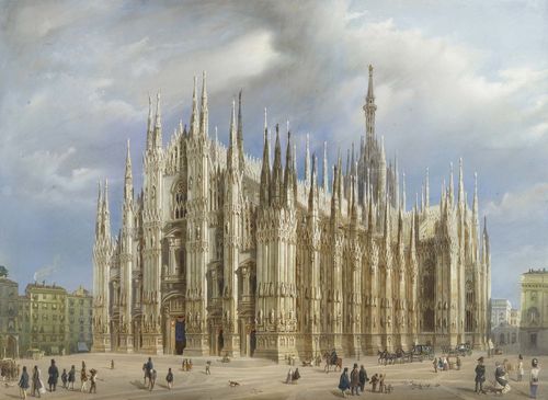 ITALY - MILAN.-The Milan cathedral, circa 1840. Old gouache and lithograph, 52.5 x 74 cm. With black gouache border lines and green gouache border. Inscribed in gold pen: Milano presso gli Editore Genevresi e Vallenzasca No. 4906 cont da de Prestrelli. Framed.