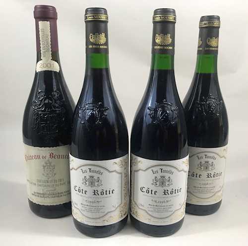 LOT DE 4 BTS: 3 bts Côte-Rotie Louis Mousset Les Tonneles 0.75 L 1996 ; 1 bt Châteauneuf-du-Pape Ch. De Beaucastel 0.75 L 2001