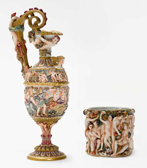 TWO DIVERSE VASES WITH FIGURAL RELIEFS IN THE STYLE OF CAPODIMONTE