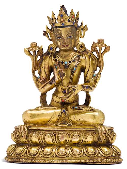 A GILT COPPER ALLOY FIGURE OF MANJUSHRI.