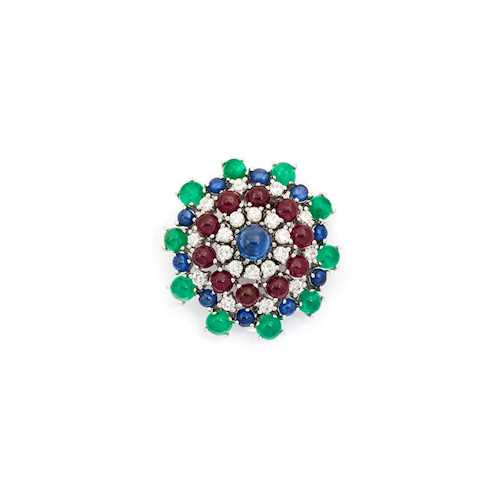 MULTIGEM AND DIAMOND BROOCH, ca. 1980.