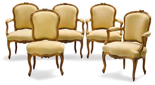 A SET OF FOUR FAUTEUILS AND ONE CHAIR "EN CABRIOLET"