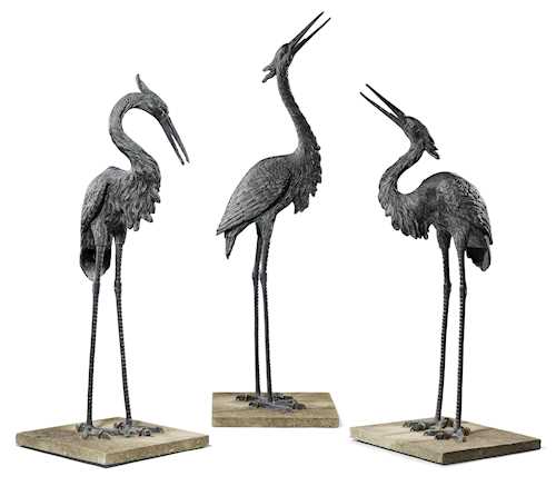 THREE DECORATIVE BRONZE FIGURES OF CRANES